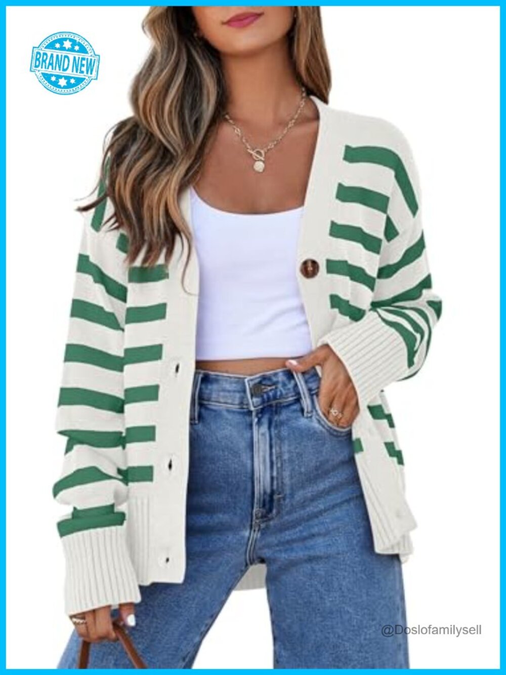 Viscose Blend Striped Button Front Cardigan Long Sleeve V-Neck Knit Sweater